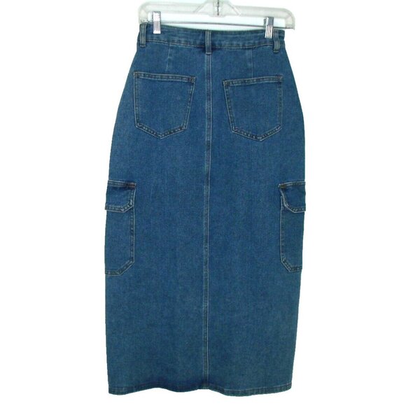 Miou Muse Midi Denim Cargo Straight Skirt Size Small Front Slit Pockets Utility - Picture 2 of 11
